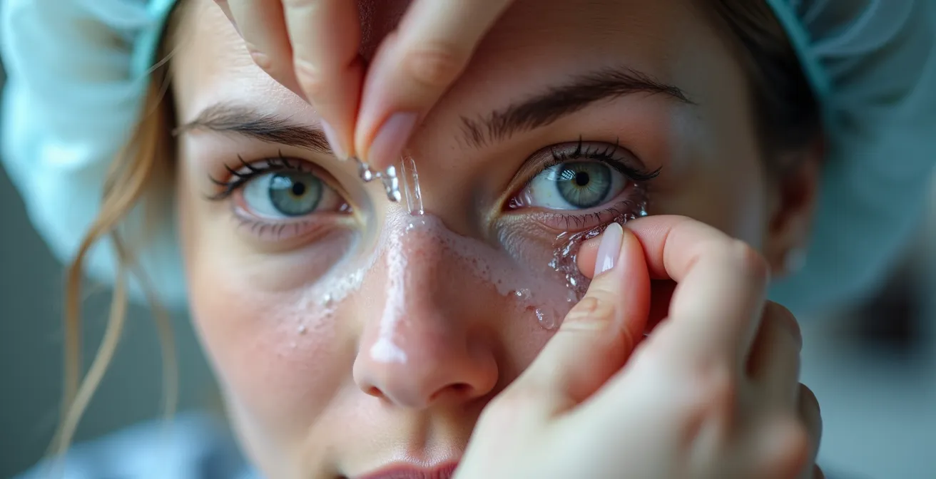 Démonstration de la technique de maintien des paupières avec les doigts sur l'os orbital pour un rinçage oculaire d'urgence.