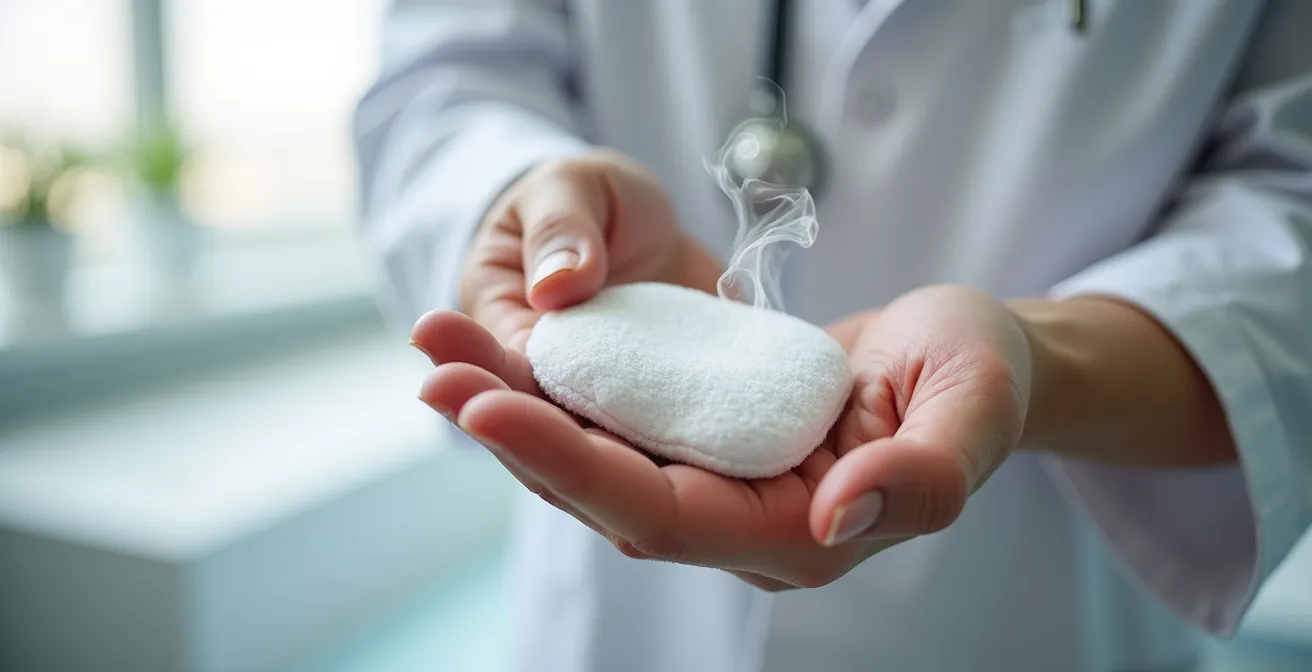 Main testant la température d'une compresse chaude sur le poignet avant application