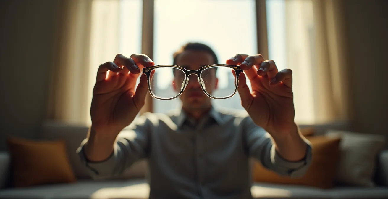 Personne tenant des lunettes propres devant ses yeux avec effet de vision voilée