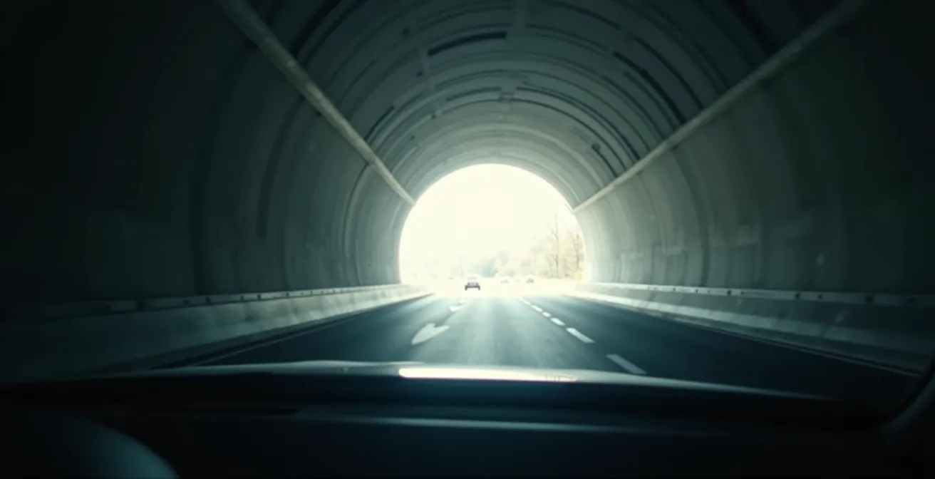 Vue depuis l'intérieur d'une voiture entrant dans un tunnel avec effet de transition lumineuse